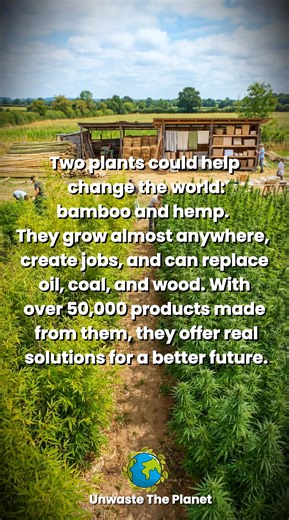 Two ancient plants may hold the key to a sustainable future. Bamboo and hemp grow rapidly, require minimal water, and can replace numerous resource-intensive materials — from paper and plastic to textiles. With over 50,000 known uses, these remarkable crops have the potential to drive an eco-friendly revolution. A greener world might begin with the soil beneath our feet. #Bamboo #Hemp #SustainableLiving #EcoFriendly #GreenRevolution #PlantBased | Unwaste The Planet