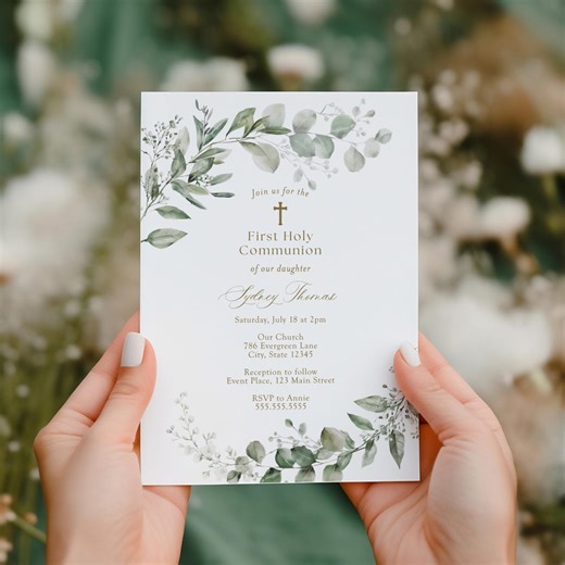 First Communion Invitation Template, Eucalyptus Greenery Instant Download, Printable Communion Card, Editable Digital Invitation - Etsy