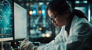 world of predictive modeling with a photo of an Asian character crafting mathematical models of nuclear fission, visualized as a complex physics equation and graph on the screen,