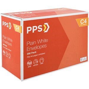 PPS Plainface C4 White Envelopes 250 Pack