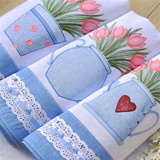 3 Teapot and Teacup Embroidery Designs With Tulip Flowers for Kitchen Linens Embroidery - Etsy