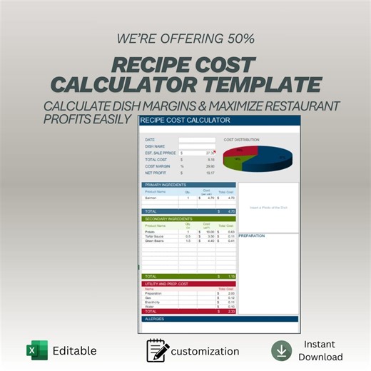 Recipe Cost Calculator Spreadsheet | Food Cost Tracker & Restaurant Margin Monitor | Chef Inventory Log | Kitchen Profit Excel Template - Etsy