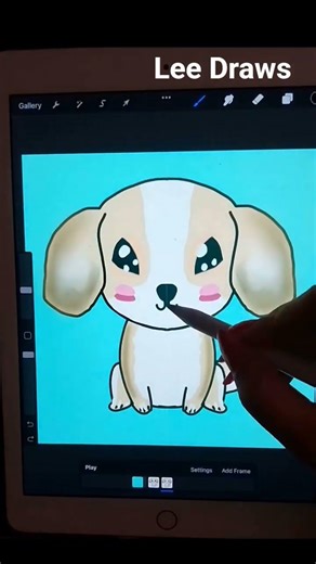 Simple easy cute kawaii dog tail wagging and eyes blinking cartoon character animation in procreate