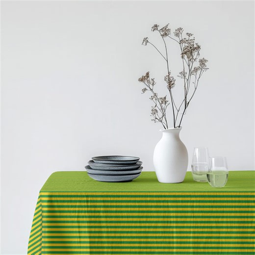 Green & Yellow Striped Tablecloth – Modern Farmhouse, Summer Table Decor - Etsy