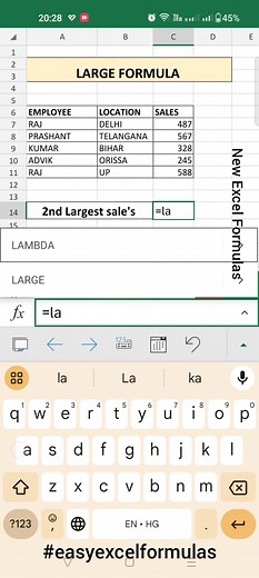 Easy Excel Formulas | Microsoft Excel Formulas| How to use LARGE excel formula #Excel #exxelinhindi #viralreelsfacebook #viralreelschallenge #salaryinexcel #easyexcelformulas #excelinterview #viralvideochallenge #exploremore #excited | Easy Excel Formulas