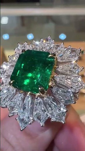 4.17 Carat Asscher Cut Emerald Ring With Shield Cut Diamond Halo Fine High Jewelry Design