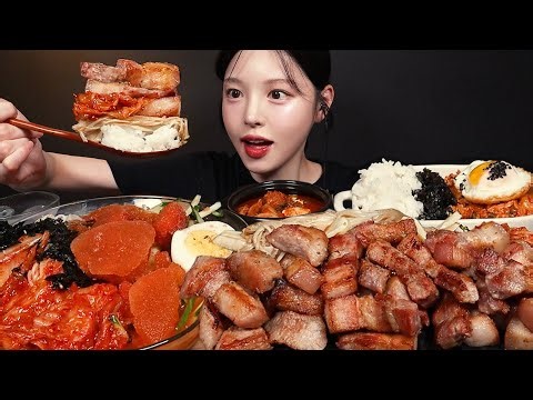 Crispy Pork Belly with Kimchi Noodles Mukbang ASMR