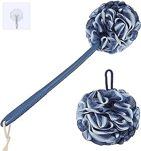 VANZAVANZU Loofah Sponge Set Loofah Exfoliating Body Scrubber, Anti-Slip Plastic 17" Handle Loofah on a Stick with Fluffy Shower Sponge, PE Soft Mesh Shower Loofahs-Blue with White Edge