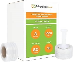 PSBM Mini Stretch Wrap with Plastic Handle, 18 Rolls 3 Inch x 1000 Feet 80 Gauge Heavy Duty Clear Plastic Wrap Industrial Strength Shrink Film for Moving, Packing & Shipping, Made In USA