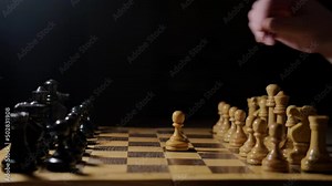 Opening Queen Gambit of the chess game with the move of the white pawn d2-d4, black background. A man hand with a chess piece in a board game.