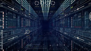 Looping cyberspace HUD corridor. Tunnel,seamless technological SciFi animation.Digital infographic elements.Abstract Server futuristic panels.Looping animated IT Server displays.3D generated.Blue