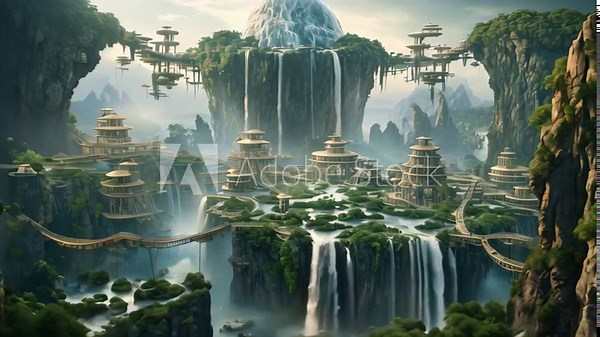 This image showcases a stunning future landscape featuring a mesmerizing waterfall amid floating houses, An ethereal setting with floating islands and a cascading waterfall, AI Generated