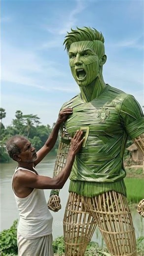 Making a Giant CR7 Statue from Leaves & Bamboo 😱🍃 #shorts #cr7