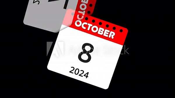 Monthly calendar, tear-off calendar animation with zoom and rotation effect for October 2024, concepts, ideas, 4k, transparent background with alpha channel, copy space