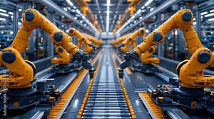 robotic arms working on assembly line in factory. Concept of artificial intelligence for industrial revolution and automation manufacturing process