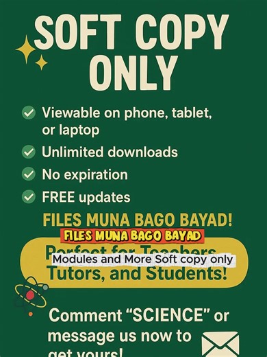 🔬📚 SCIENCE TEACHERS & STUDENTS, TINGNAN 'TO! Sobrang hassle maghanap ng kumpletong Science materials? Kami na ang bahala! ✅ Grade 7–10 Science Files 📆 Quarter 1 to 4 📥 Complete Package for just ₱98 ONLY! 🎁 INCLUSIONS: ✔️ Daily Lesson Plan (DLP) ✔️ Daily Lesson Log (DLL) ✔️ PowerPoint Presentations (PPT) ✔️ Periodical Tests ✔️ Worksheets, Modules, and MORE! 💻 Soft Copy Only ✅ Viewable sa phone, tablet, o laptop ✅ Unlimited downloads ✅ No expiration ✅ FREE updates ✅ FILES MUNA BAGO BAYAD! 🎉