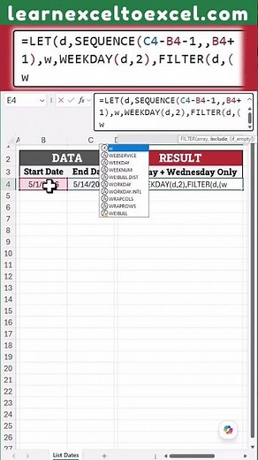 List Specific Days between two Dates using Formula in #Excel with Dynamic Functions #LET #FILTER