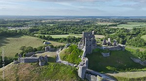 Ruins of Corfe Castle from a drone, Corfe Village, Purbeck Hills, Dorset, England, Europe