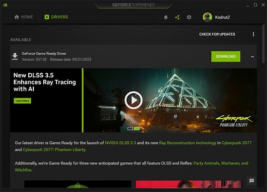 NvidiaGeForce Game Ready 驱动程序 537.42 为《赛博朋克 2077》带来了 DLSS 3.5 Ray Reconstruction。