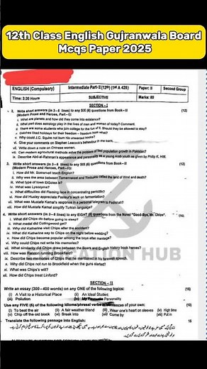 12th class English Gujranwala board MCQs group 2 paper 2025 Class 12 English paper Evening Time