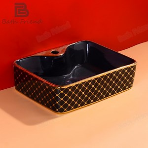 [Hot Item] Chaozhou Ceramic Mosaic Black and Gold Luxury Rectangle Bathroom Sink Basin Lavabo Art Basin Hand Basin Basin