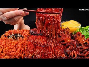 ASMR MUKBANG | Spicy Enoki Mushrooms, Octopus & Buldak Fire Noodles Seafood Boil EATING