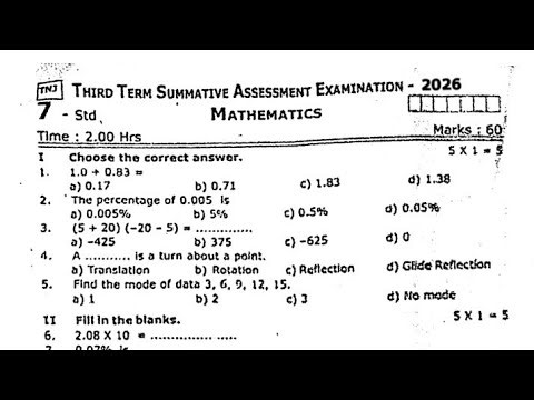 7th std Maths third term Annual Exam April-2026 today Exam original Question paper English medium -1