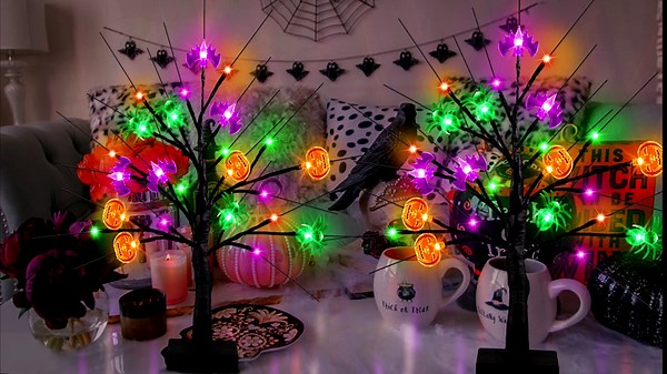 2 Pack 18 Inch Black Halloween Tree Decor with Pumpkin Bat Spider Lights, Timer/USB/Battery Operated Spooky Halloween Table Decorations Lighted Birch Tree Indoor Halloween Decorations for Home Party