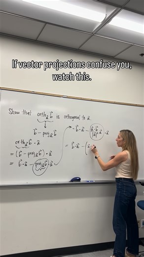 Professor V 👩‍🏫 on Instagram: "Vector projections show up everywhere — multivariable calculus, linear algebra, physics… and exam problems 😄 Here’s a quick office hours proof showing why the orthogonal component is actually perpendicular. If you want the full lesson that really breaks down vector projections conceptually, I have a full video lecture on my YouTube channel. xoxo, Professor V #mathwithProfessorV #calculushelp #linearalgebra #collegemath #stemstudents"
