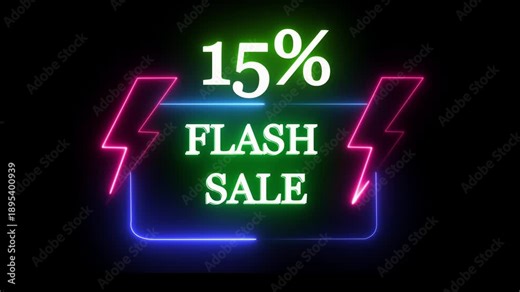 Neon flash sale banner with 15 percent discount glowing vibrant blue and pink on dark background for ecommerce advertising