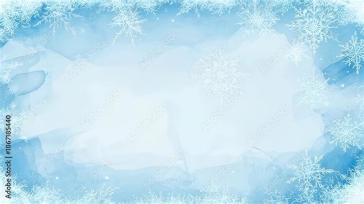Blue watercolor winter background animation with falling snowflakes. Abstract frost pattern with empty space for text. New Year and Christmas winter season.
