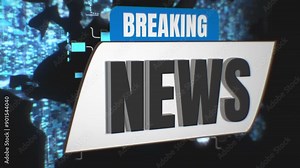 Breaking News headline banner logo in front of digital earth map network, 3D animation on black