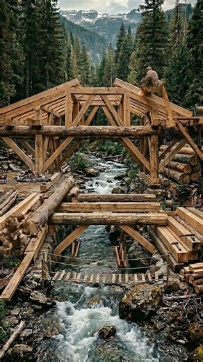 Building a Huge Wooden Bridge Over a Creek #build #woodworking