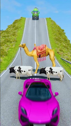 Flatbed Cargo Truck vs Dromedary Cameles & Cows Characters - BeamNG.Drive