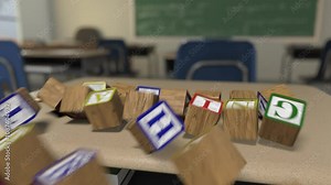 Letter Block Series - "Teaching" -Toy letter blocks tumble onto a school desk to form words, then tumble out of frame Stock Video