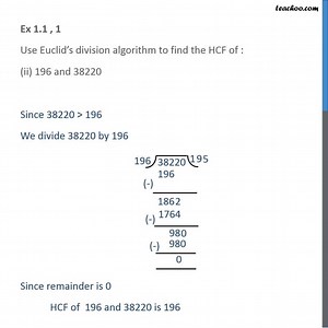 Find HCF of 196 and 38229 by Euclid's Division Algorithm [with Video]
