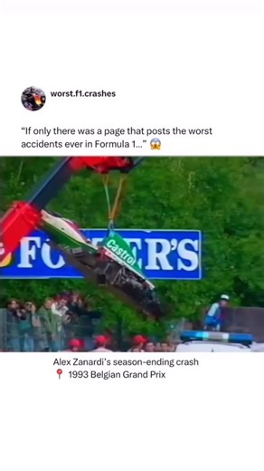 Worst Formula 1 Crashes on Instagram: "The impact was just brutal 🥶👇 The 1993 Belgian Grand Prix meeting was dominated by a huge accident on Friday morning, when Alex Zanardi hit the wall in Eau Rouge corner almost head-on at 150mph (241 km/h) in his Lotus. The fact that he survived the impact was remarkable, even though Zanardi’s season ended prematurely after he sustained a concussion, from deceleration-related problems. Follow for more content ❤️🏎️ #formula1 #f1 #alexzanardi #ayrtonsenna #
