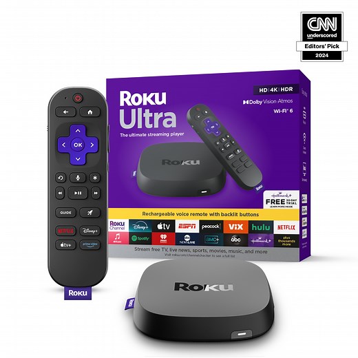 Roku Ultra | 4K/HDR10 /Dolby Vision & Atmos Streaming Device - Rechargeable Backlit Voice Remote – Free & Live TV