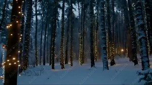 Winter at night in forest, snowfall and lighting on the trees