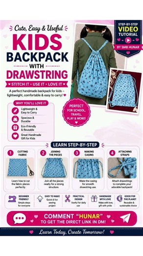 Learn how to make a cute & practical Kids Backpack with Drawstring step-by-step with SMB Hunar 💙