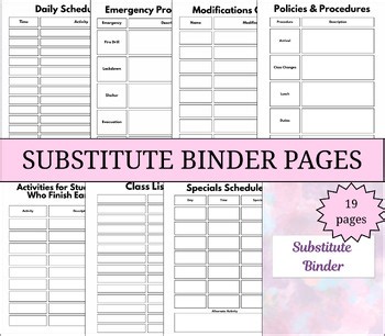 Substitute Binder Pages | Emergency Sub Plans | Classroom Information Notes
