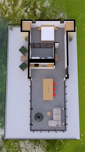 Small House Design 24 (14 x 5 m) | Floor Plan | Black | Day Time