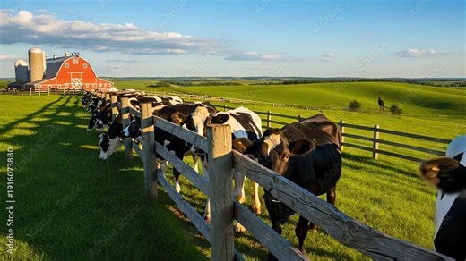 Cows grazing peacefully in a lush green field with a red barn under a bright blue sky
