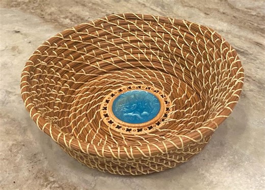 Small Pine Needle Basket With Turquoise Epoxy Center Inlay on Wooden Base - Etsy