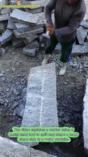 Worker Splitting a Large Stone Slab Using Hand Tools at a Quarry Site