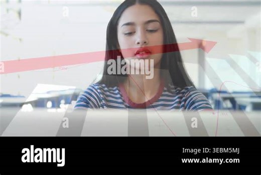 Teenage girl studying technology at laptop, with animated red arrow and line chart overlays. Educational, technology, innovation, futuristic, digital, youth, modern Stock Video Footage - Alamy