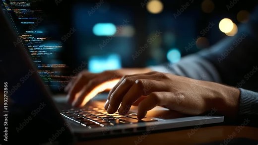 Faceless hacker hands typing on laptop keyboard, malicious code writing, computer virus program, cyber attack operation, digital crime activity, defocused dark workspace, with copy