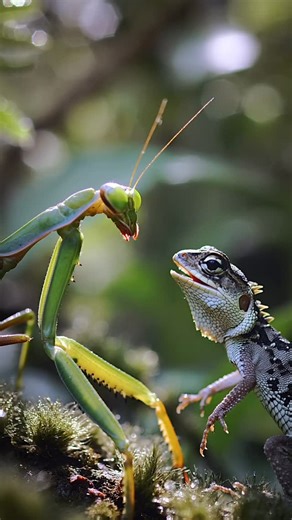 1.1K views · 824 reactions | A lightning-fast ambush in the canopy. A young lizard locks onto a praying mantis, but the mantis fights back with razor-sharp forelegs. Both species rely on pure reaction time — inches and milliseconds deciding which one walks away. In the wild, hesitation is a luxury. Nature doesn’t blink. #animalsgonewild #wildlife #nature #lizard #prayingmantis #predator #prey #animalattack #naturephotography #natgeo | Animalsgonewildtv | Facebook