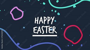 A vibrant, playful Easter design with Happy Easter written in colorful, circling fonts. Various shades of blue form a dynamic background of shapes and lines. Fun and spirited
