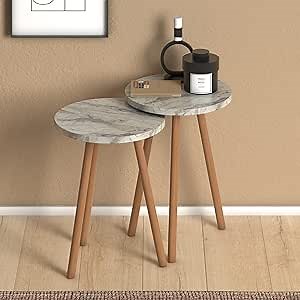 Nesting Coffee Table for Room Decor, Round Coffee Table, End Tables Living Room for Home Decor, End Tables Living Room Set of 2, Colorful Coffee Tables for Living Room (Marble)